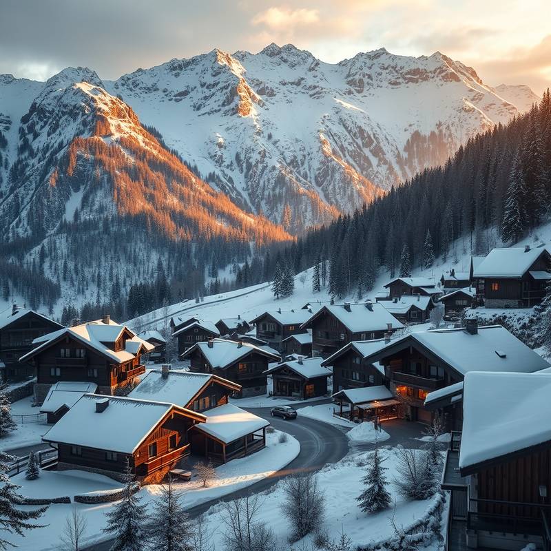 Description détaillée du lieu de tournage: Un village perché dans les Alpes, avec des chalets traditionnels et une vue imprenable sur les montagnes enneigées. Idéal pour les films de montagne et les publicités hivernales.