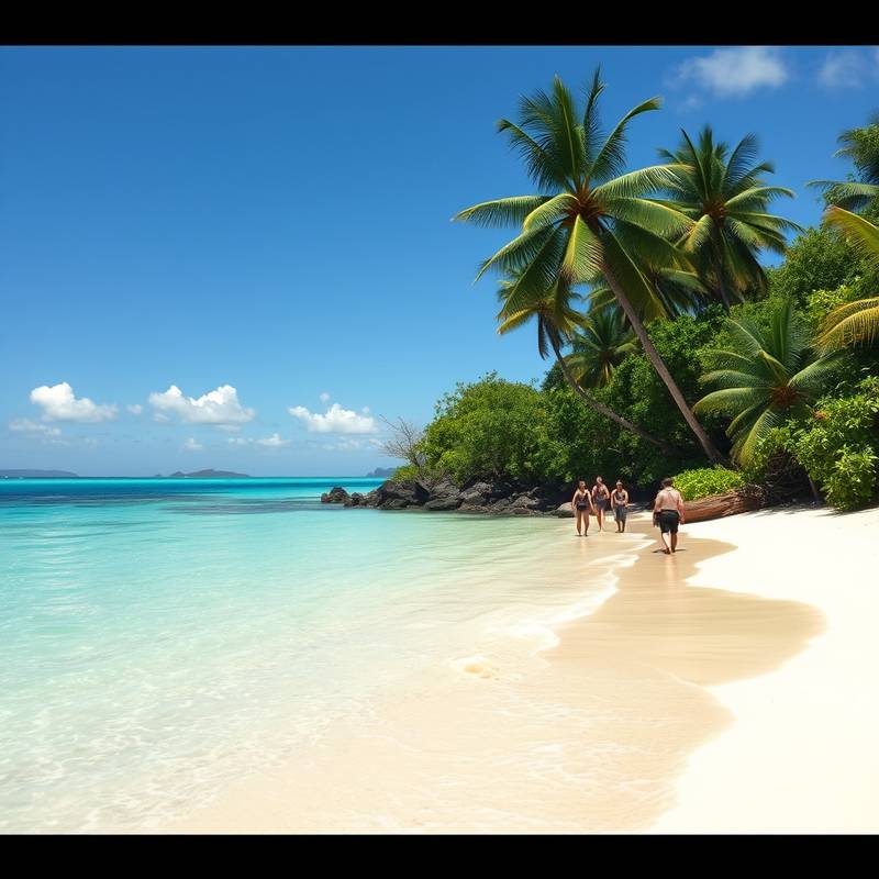 Description détaillée du lieu de tournage: Une plage de sable fin baignée par des eaux turquoise, avec une végétation luxuriante en arrière-plan. Parfait pour les publicités et les films d'aventure.
