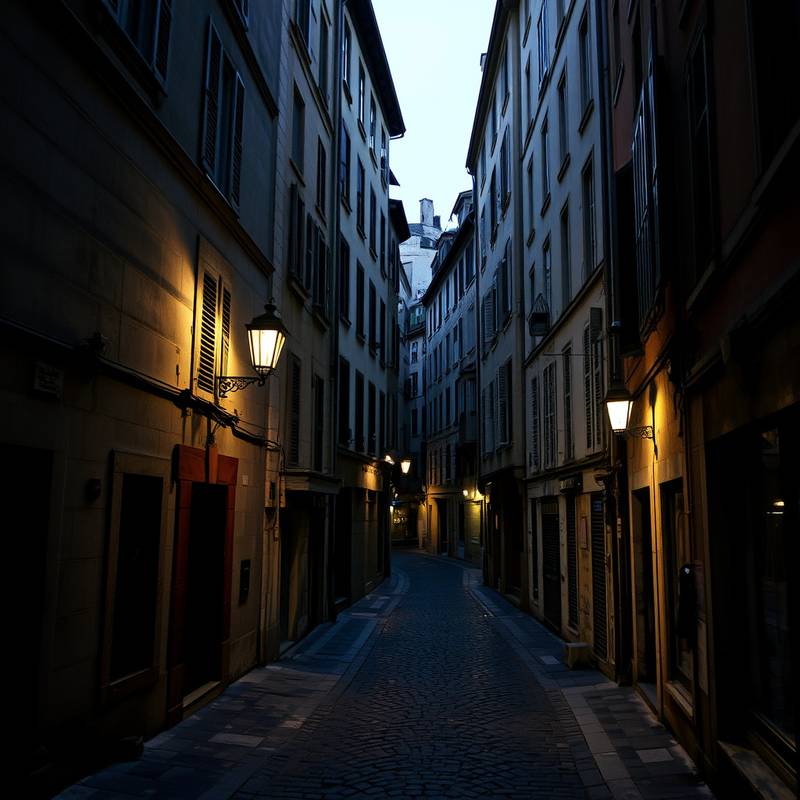 Description détaillée du lieu de tournage: Une rue pavée étroite et sinueuse dans le vieux Lyon, avec des bâtiments historiques et des traboules cachées. Parfait pour les films d'époque et les thrillers.