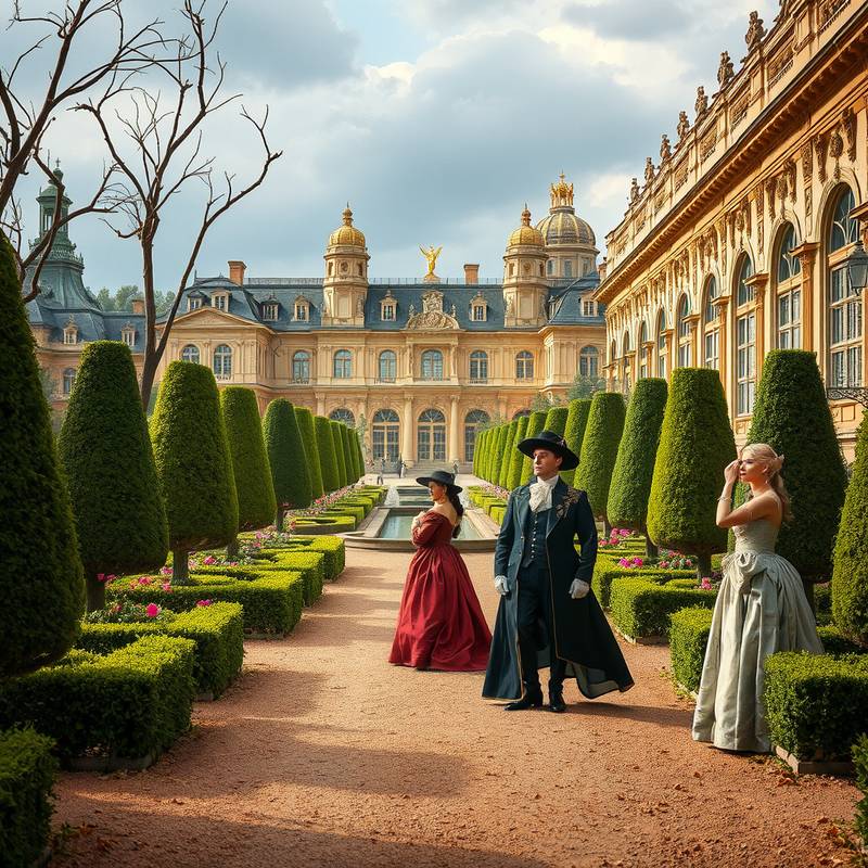 Description détaillée du projet: Scène d'un film d'époque se déroulant dans les jardins du Château de Versailles. Les costumes, les décors et l'ambiance générale sont fidèles à l'époque.